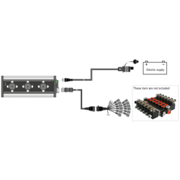 Valdymo pultas su trimis penkių padėčių valdymo svirtimis, maitinimo laidu, lizdu ir laikikliu bei adapterio laidu ir kištukais