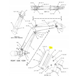 Kaištis, jungiantis ranką su katės mini ekskavatoriaus galine dalimi