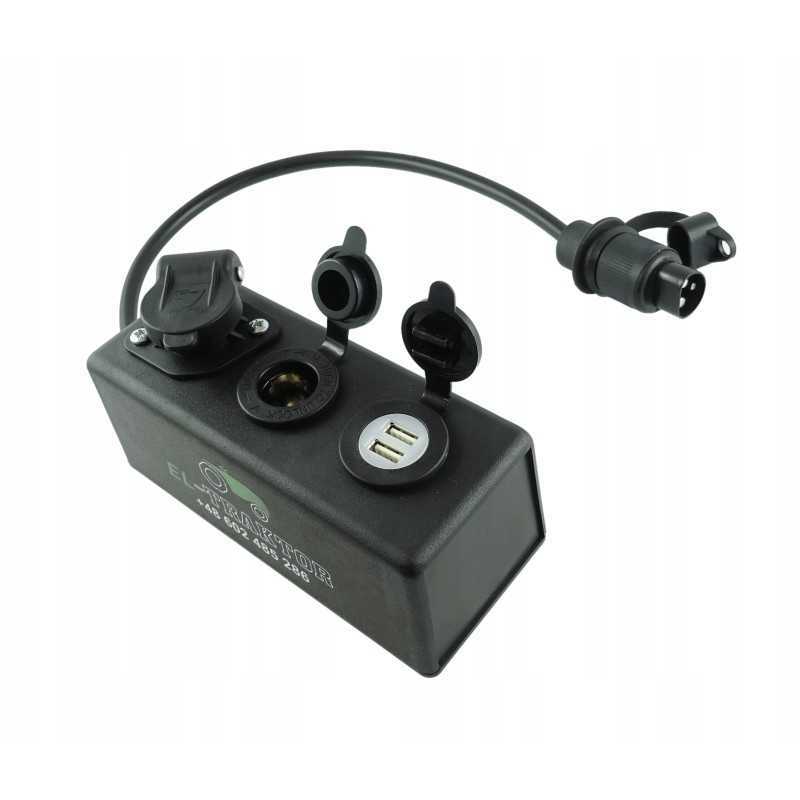 8 dėžutė, 3 kontaktų cigarečių degiklio lizdas, 2x USB