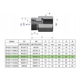 Diferencialo įvorė hidr. m18x1 5 x m16x1 5 Warynski