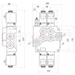 Hidraulinis skirstytuvas, 2 sekcijų, 80l, elektrinis, 24v